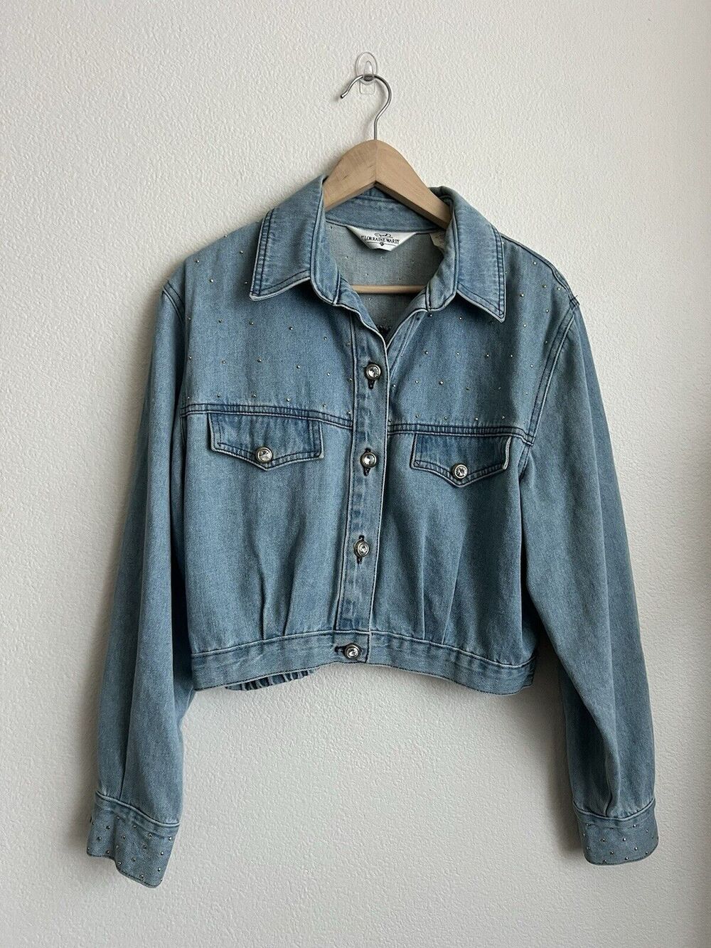 Lorraine Wardy Womens Studded Denim Jean Button Up Jacket Bling Size Small